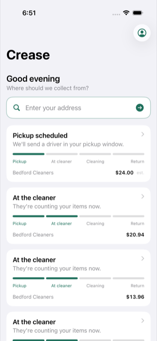 The Crease app showing a scheduled pickup and orders being counted at the cleaner